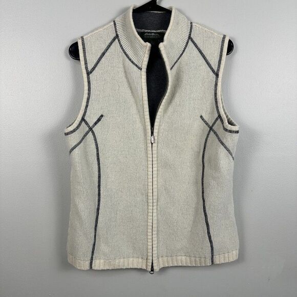Eddie Bauer Lambswool Cotton Womens Large Full Zip Vest Cream Warm Winter - Picture 1 of 3